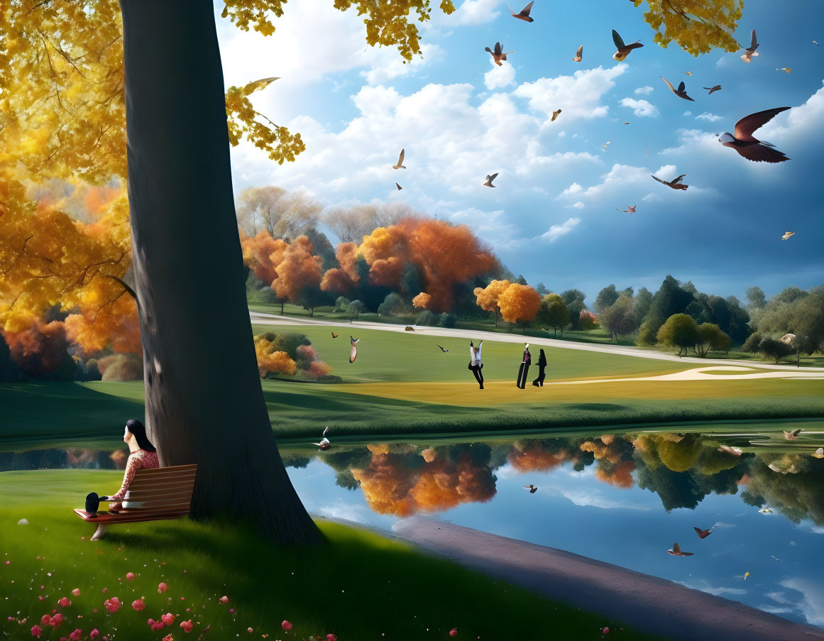 Tranquil park scene with person, golfers, birds, and autumn trees by lake