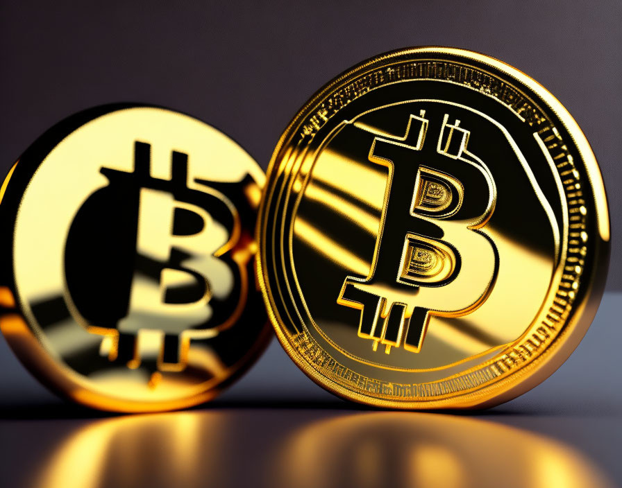 Golden Bitcoin tokens on blurred purple background symbolize digital currency