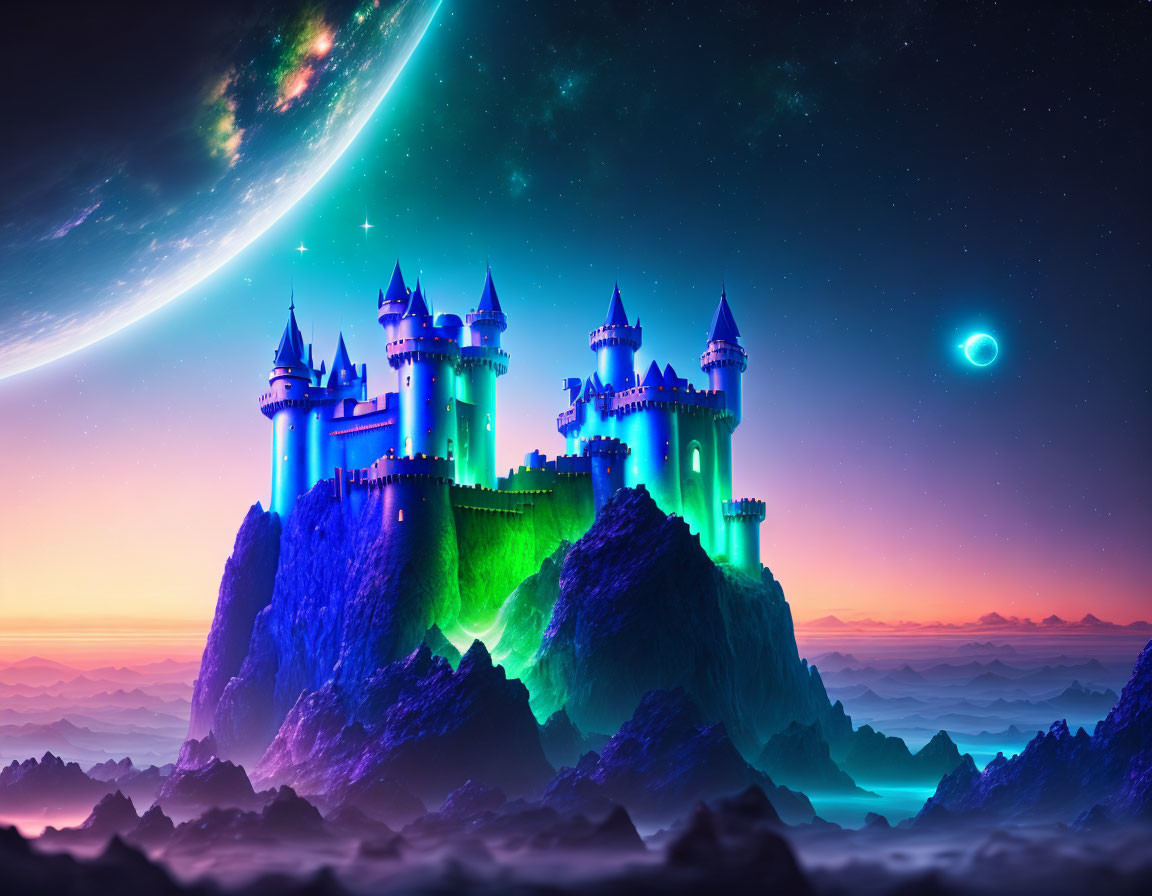 Majestic castle on cliff with glowing towers in celestial landscape