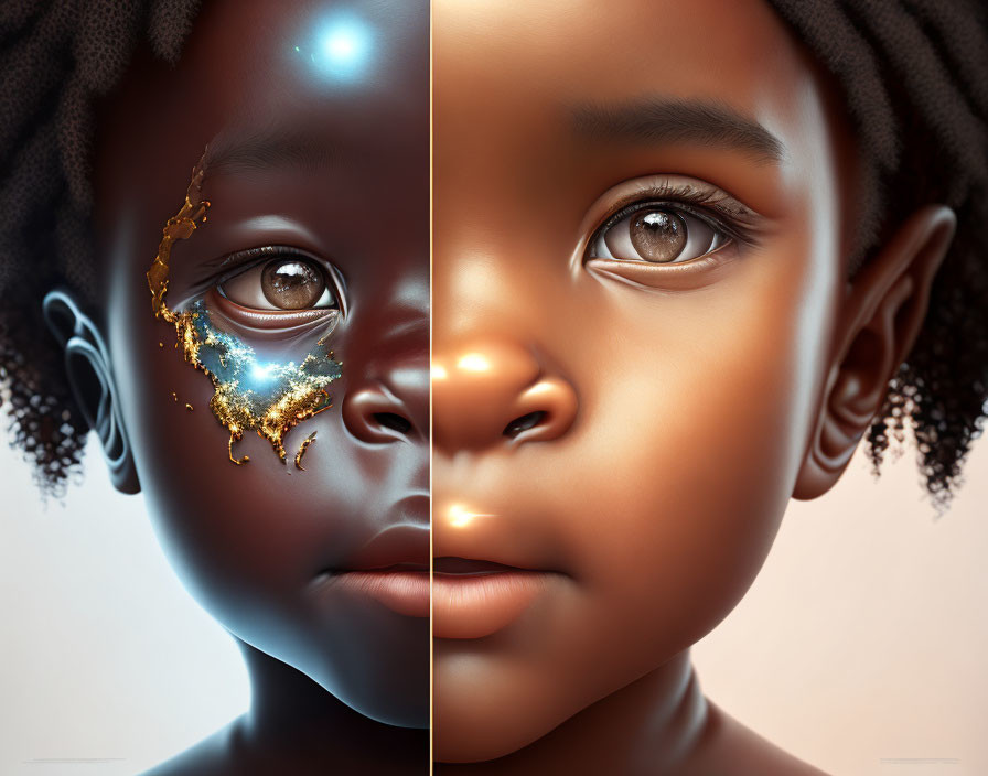 Split image of child's face: one normal, one with gold accents.