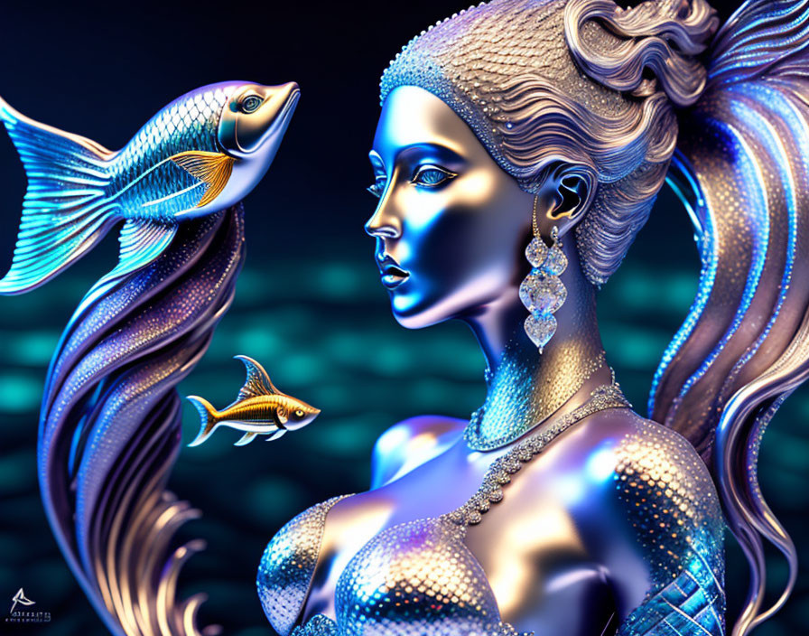 Stylized digital artwork: Woman with metallic skin and fish, mythical oceanic theme