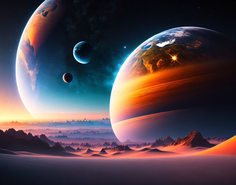 Multiple planets in surreal space scene above serene desert landscape