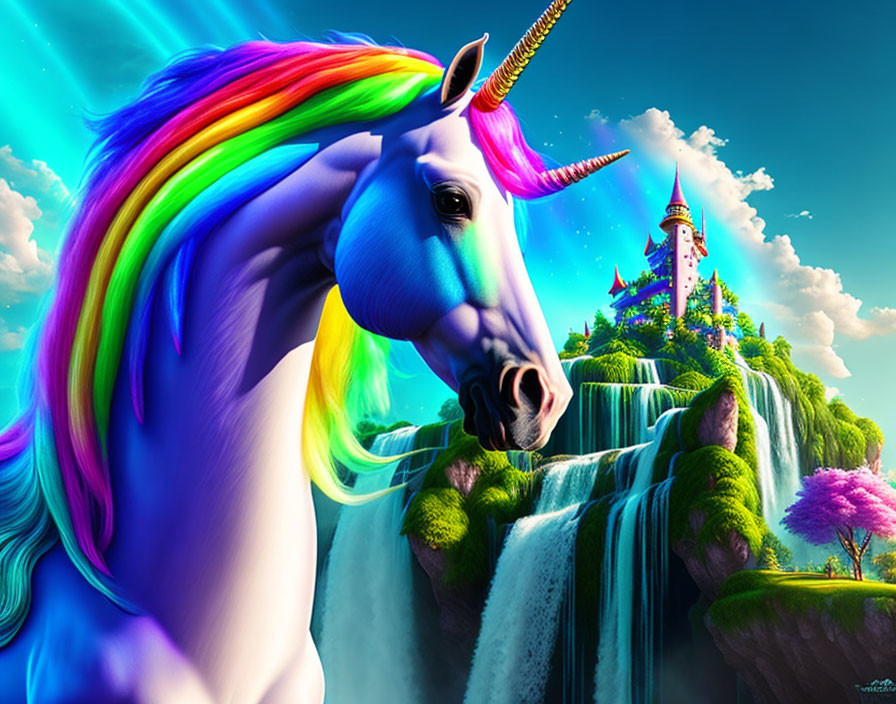 Colorful Unicorn with Rainbow Mane by Waterfall and Castle