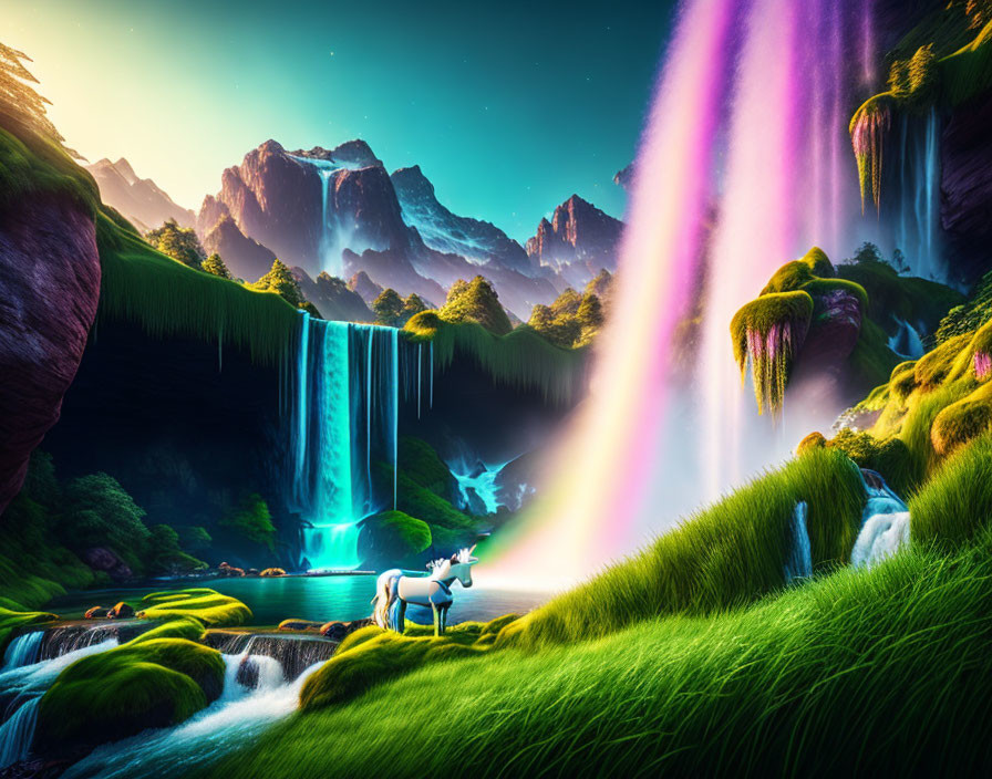 Fantasy landscape with vibrant waterfalls, rainbow, lush greenery, pond, and white unicorn.