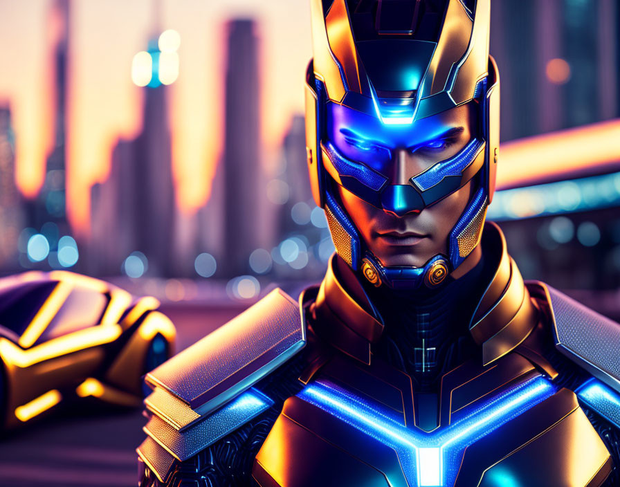 Detailed Close-Up Illustration of Person in Futuristic Armored Suit with Glowing Blue Visor Against