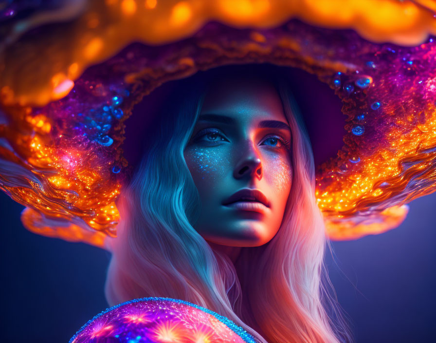 Blonde woman with glittery makeup under iridescent jellyfish hat