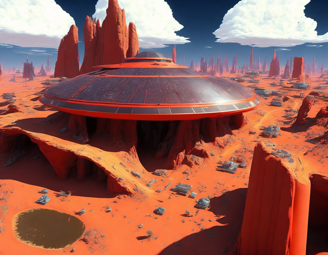 Futuristic flying saucer spaceship on Mars-like red rocky landscape