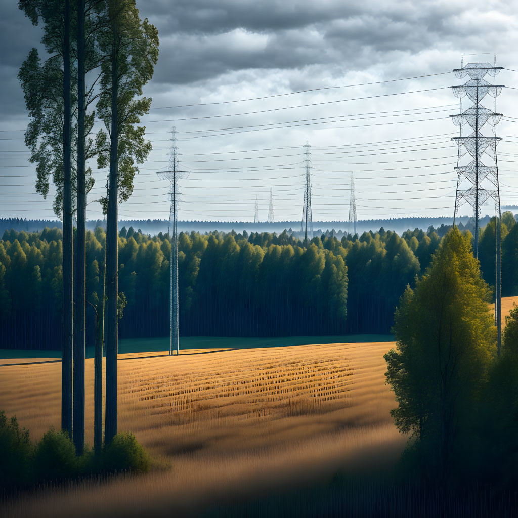 Golden field and tall trees with electricity pylons under dramatic sky