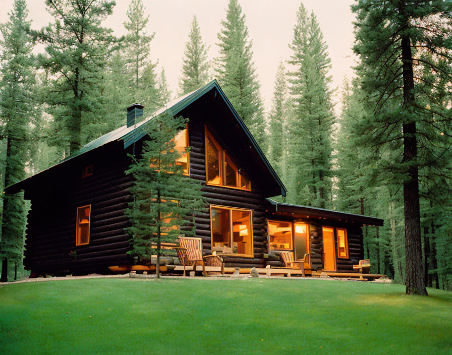 Rustic log cabin in dense forest at dusk