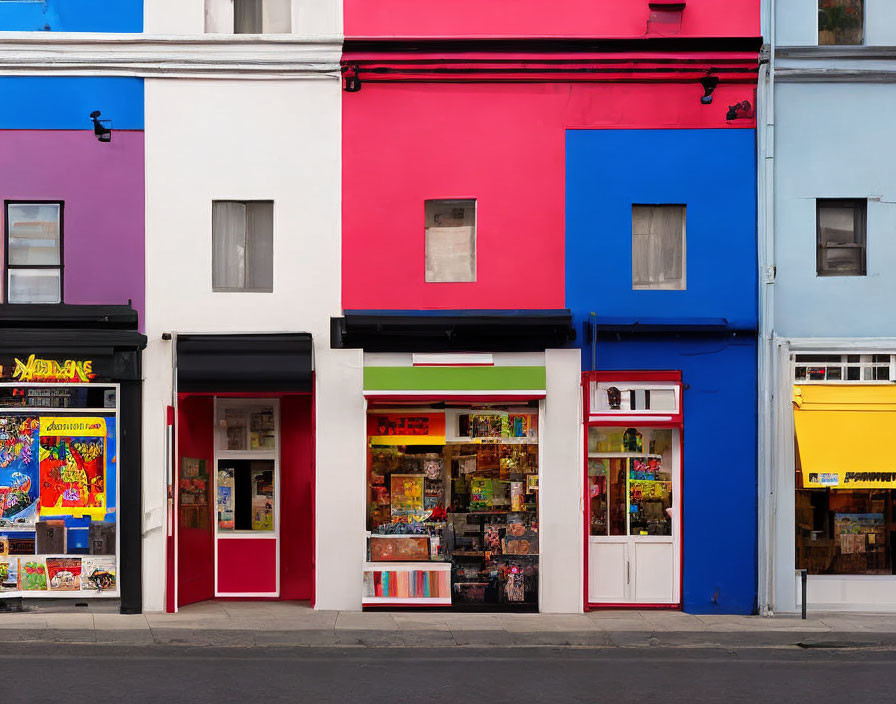 Vibrant storefronts with colorful facades under clear blue sky