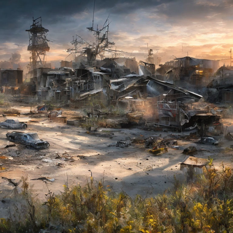 Post-apocalyptic sunset scene with derelict buildings, abandoned vehicles, and dramatic ruins.