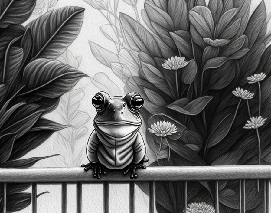 Monochrome frog on railing with intricate foliage