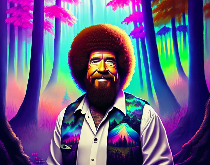 Colorful forest background with smiling man in afro portrait.