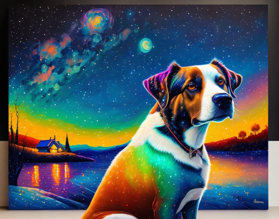 Colorful cosmic sky painting with dog by lakeside