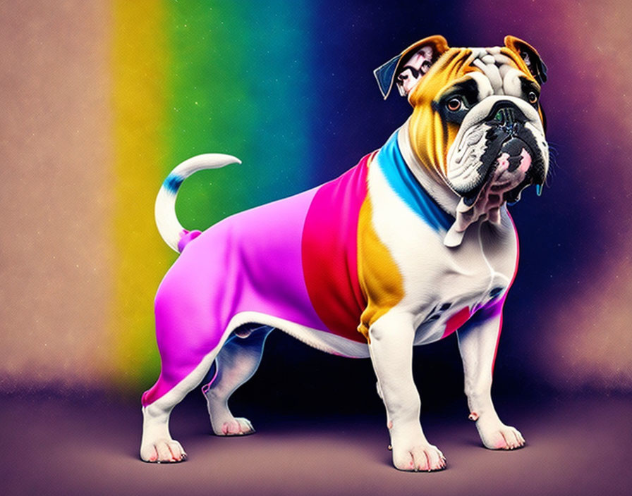 Vibrant Bulldog in Colorful Outfit on Rainbow Background