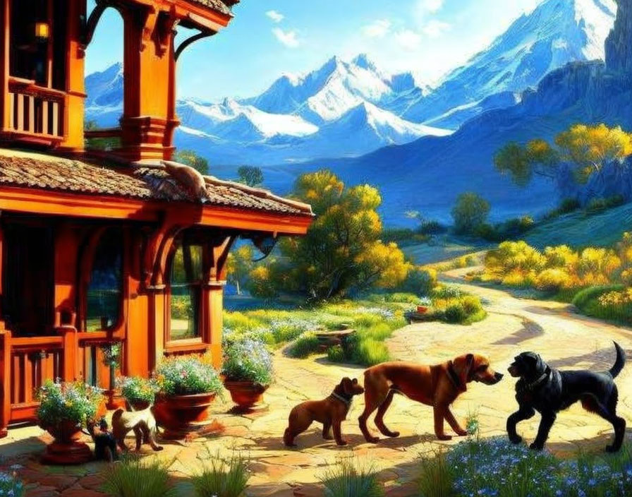 Mountain cabin scene with dogs, stone pathway, and snow-capped peaks