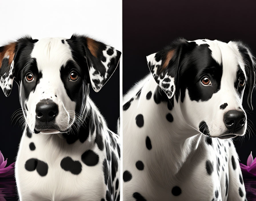 Dalmatian Dogs with Black Spots and Pink Flowers on Dual Backgrounds