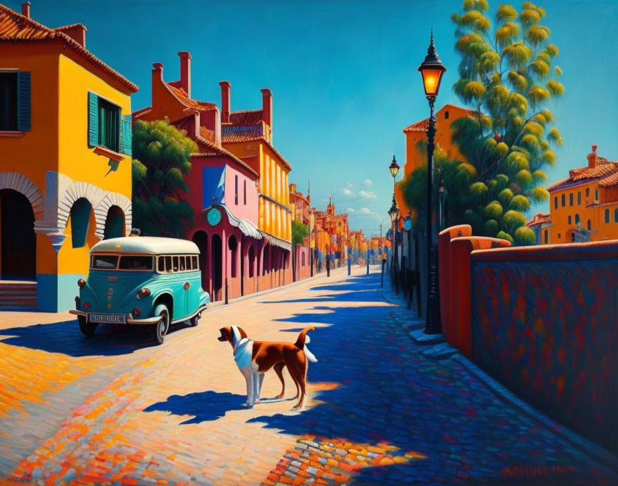 Colorful street scene with vibrant buildings, vintage van, dog, and surreal perspective