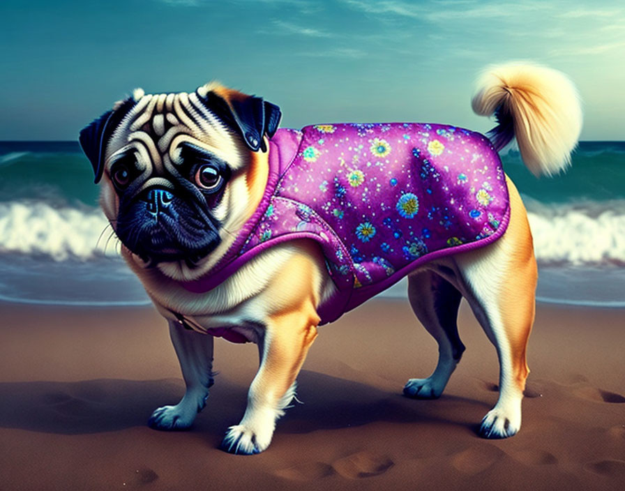 Pug wearing purple floral jacket on beach with waves and horizon