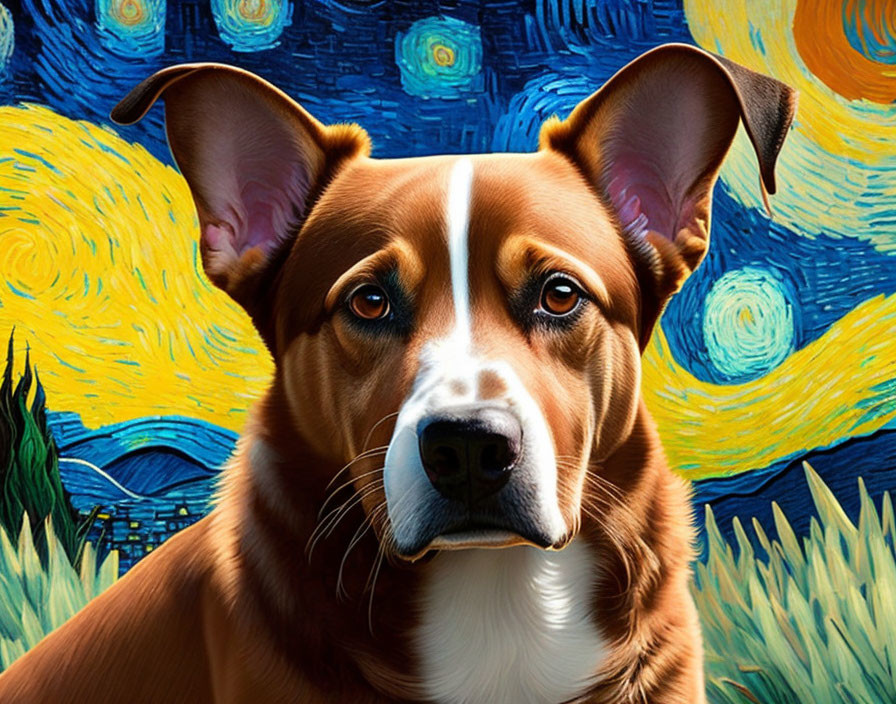 Brown and White Dog Artwork Inspired by Starry Night