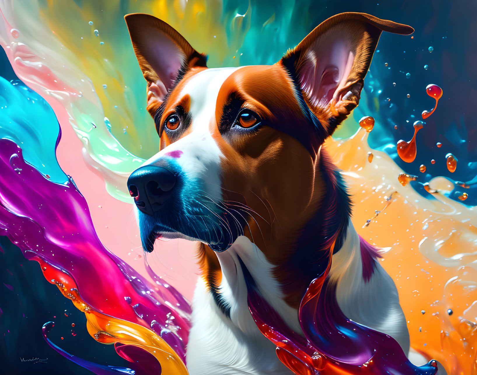 Vibrant close-up dog portrait with colorful splashing background