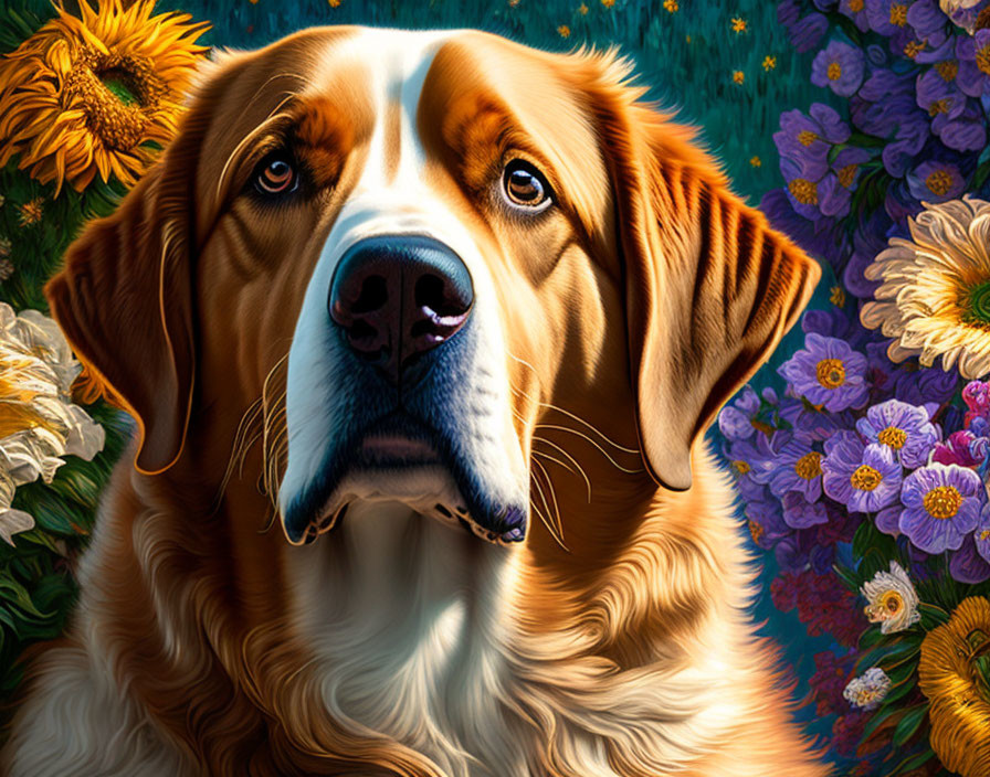 Close-up Digital Artwork: Brown and White Dog with Expressive Eyes Among Sunflowers