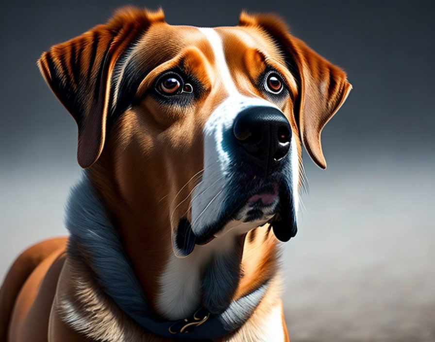 Close-Up Portrait of Brown and White Dog with Black Nose and Collar