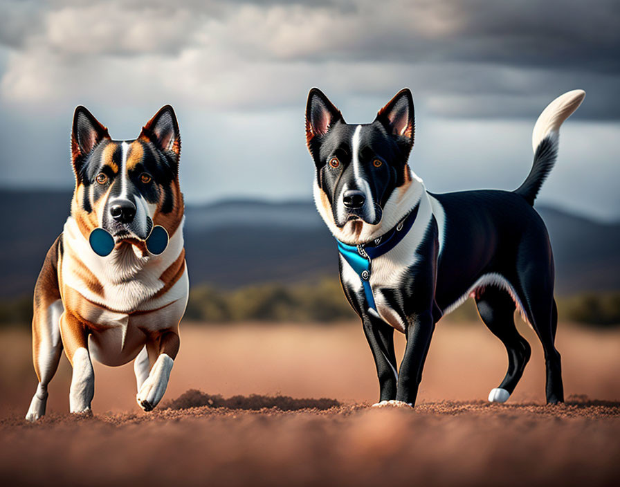 Two alert dogs with collars on dirt path under stormy sky