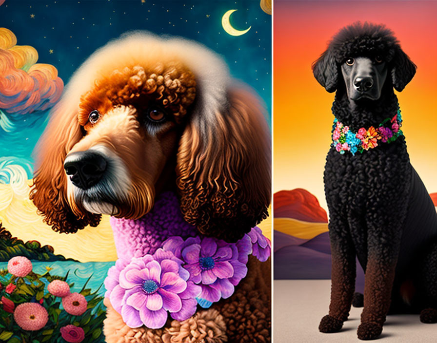 Stylized illustrations of poodles: brown with floral collar on starry backdrop, black with flower