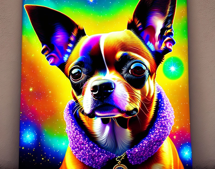 Colorful Chihuahua Portrait with Purple Scarf and Psychedelic Rainbow Background