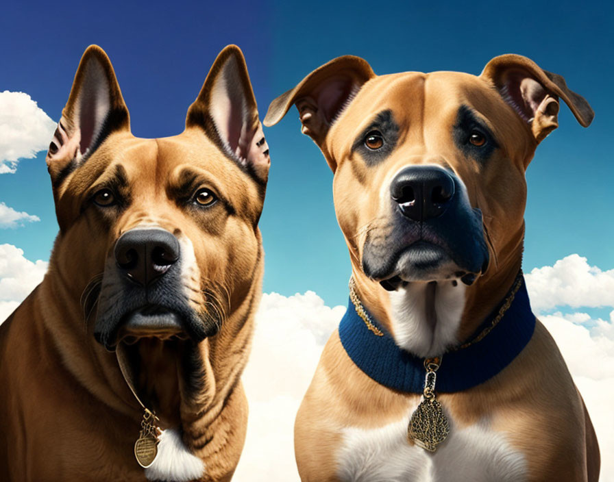 Two Large Dogs with Dog Tags Against Blue Sky