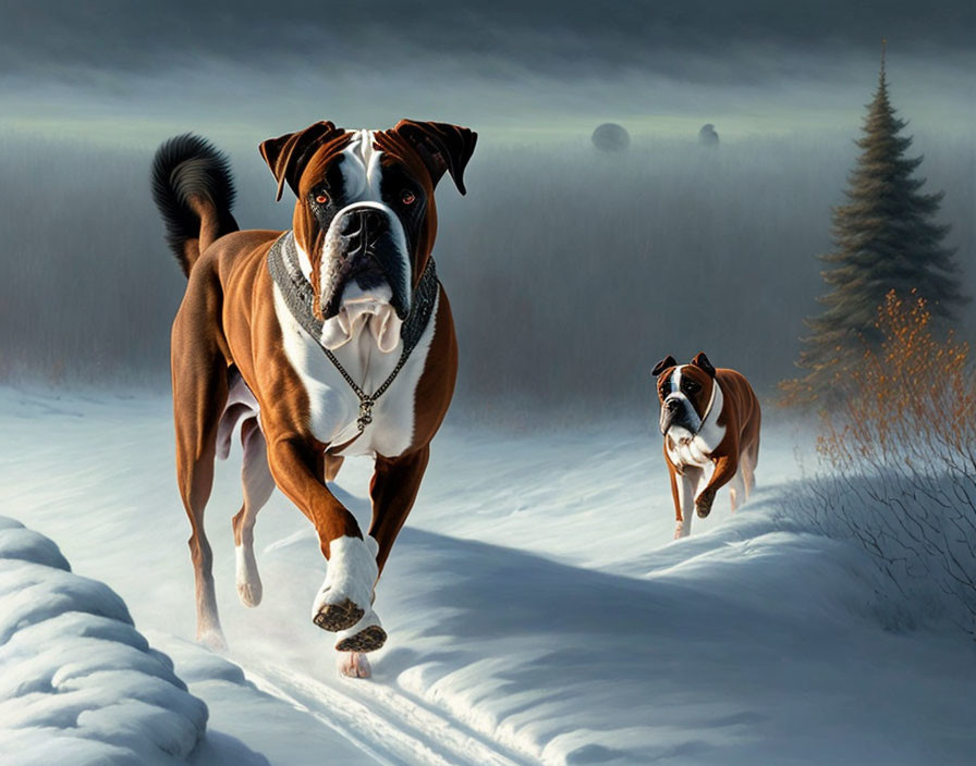 Brown and White Dogs Running in Snowy Landscape with Misty Background