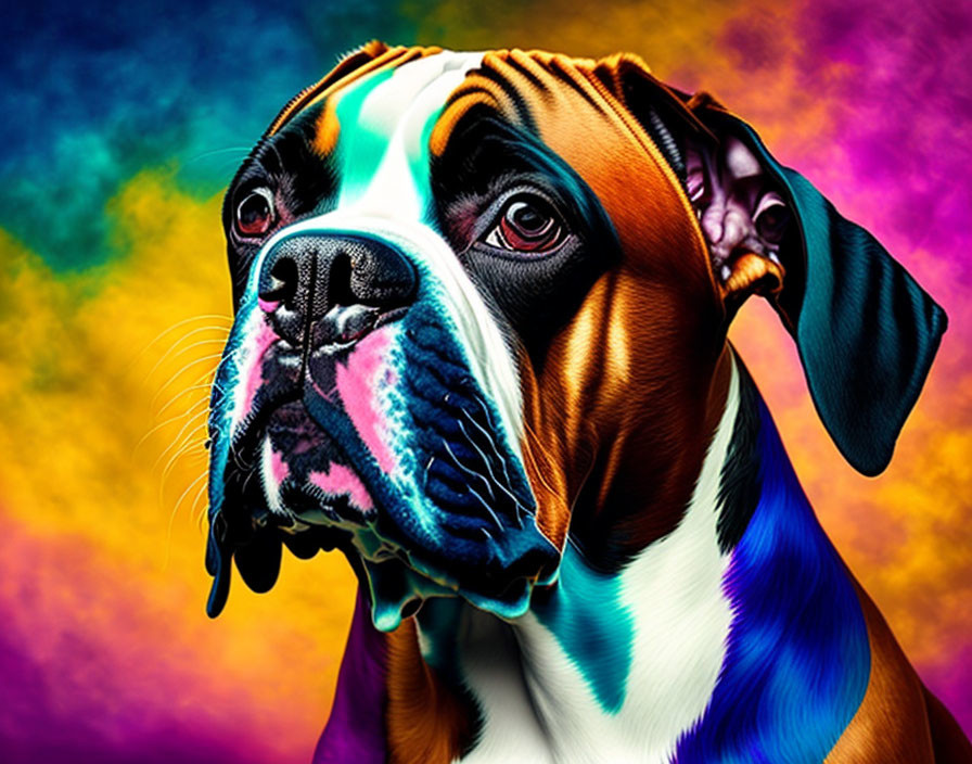 Vibrant boxer dog portrait on multicolored background