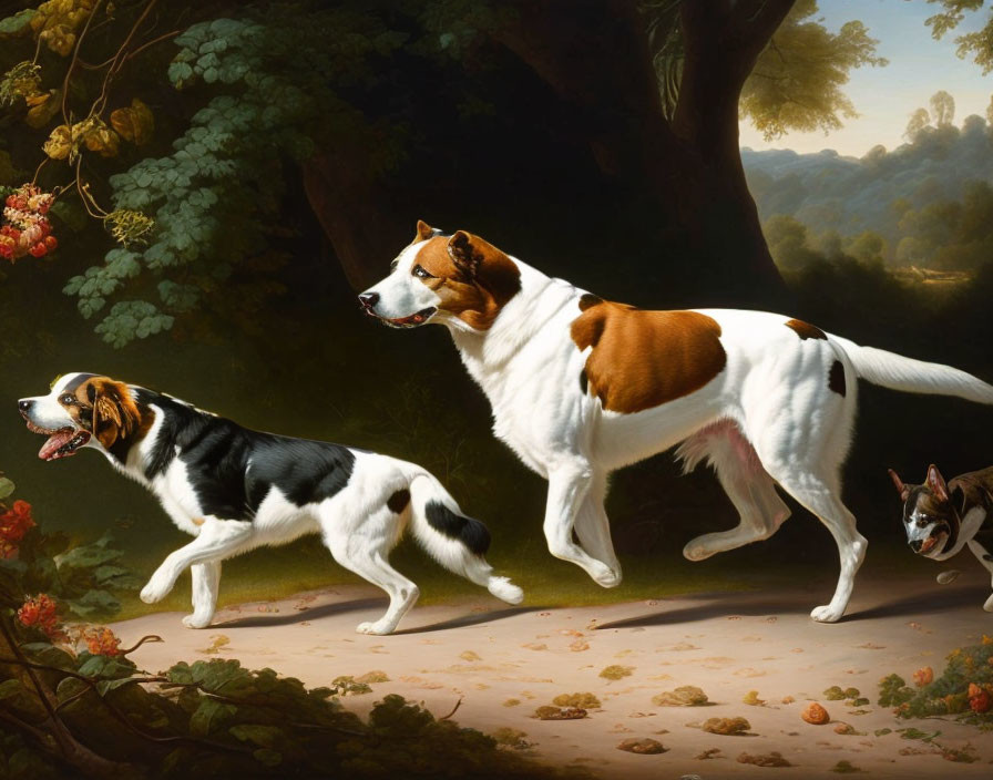 Three Dogs Running in Lush Wooded Landscape