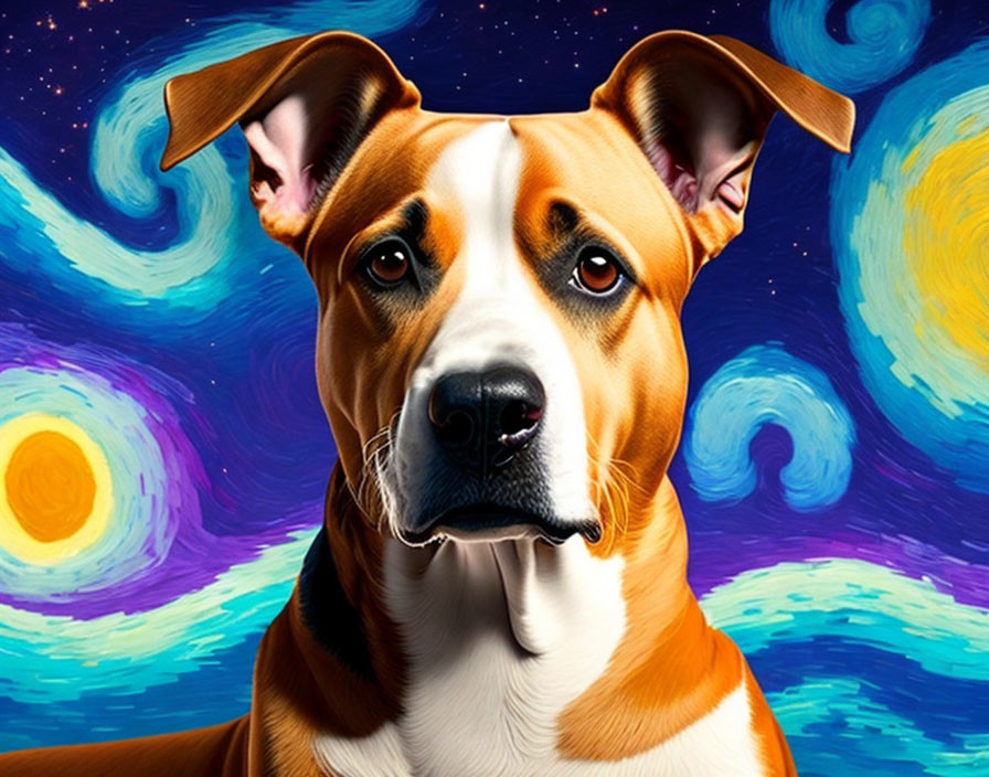 Brown and White Dog Portrait with Van Gogh's Starry Night Backdrop