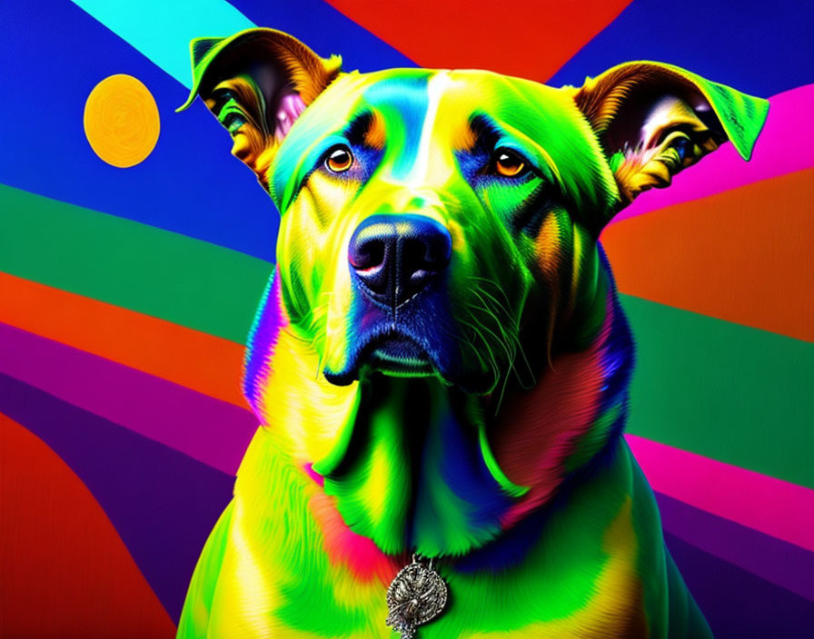 Colorful Digital Artwork: Dog with Rainbow Palette on Geometric Background