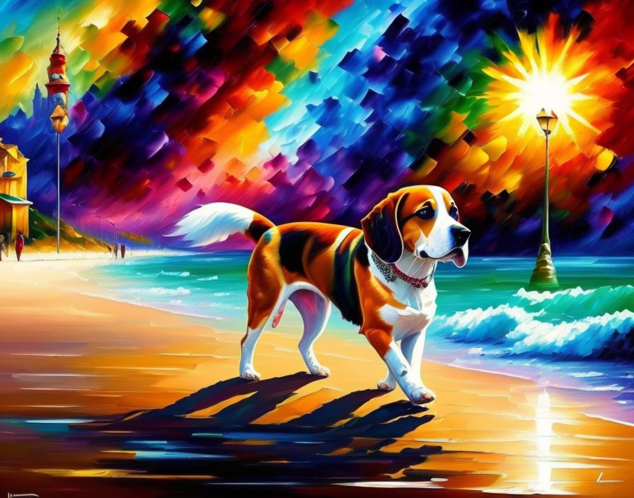 Vibrant beach sunset painting with beagle, lighthouse, and streetlamp