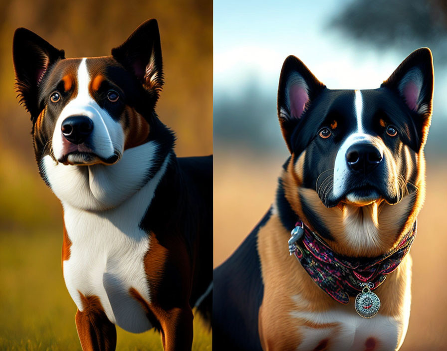 Two tri-color dogs with intense gazes and pointy ears outdoors.