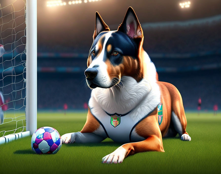 Digitally created image of a dog in soccer jersey on grass field with ball and goal net