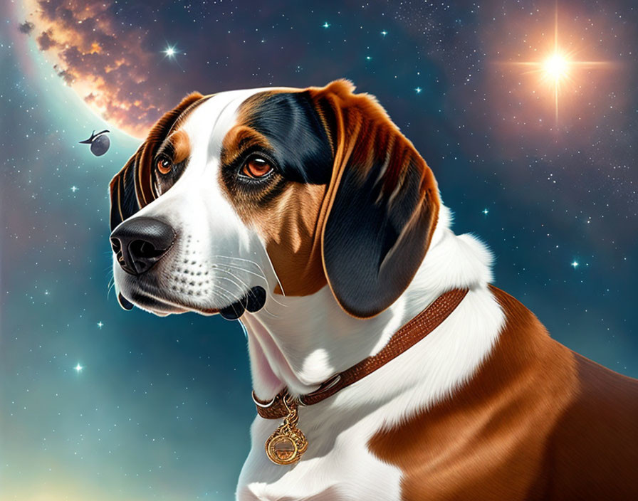 Digital artwork of a cosmic dog with stars, galaxy, and space shuttle