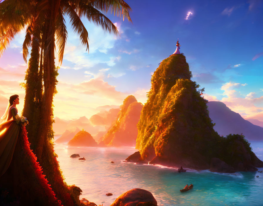 Person admiring palm trees, sea, rocks, boat, and sunset scene