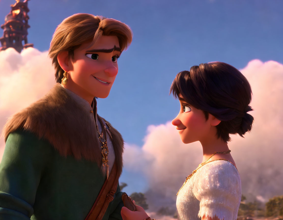 Animated characters smiling in front of soft cloudscape, male in vest, female in white dress