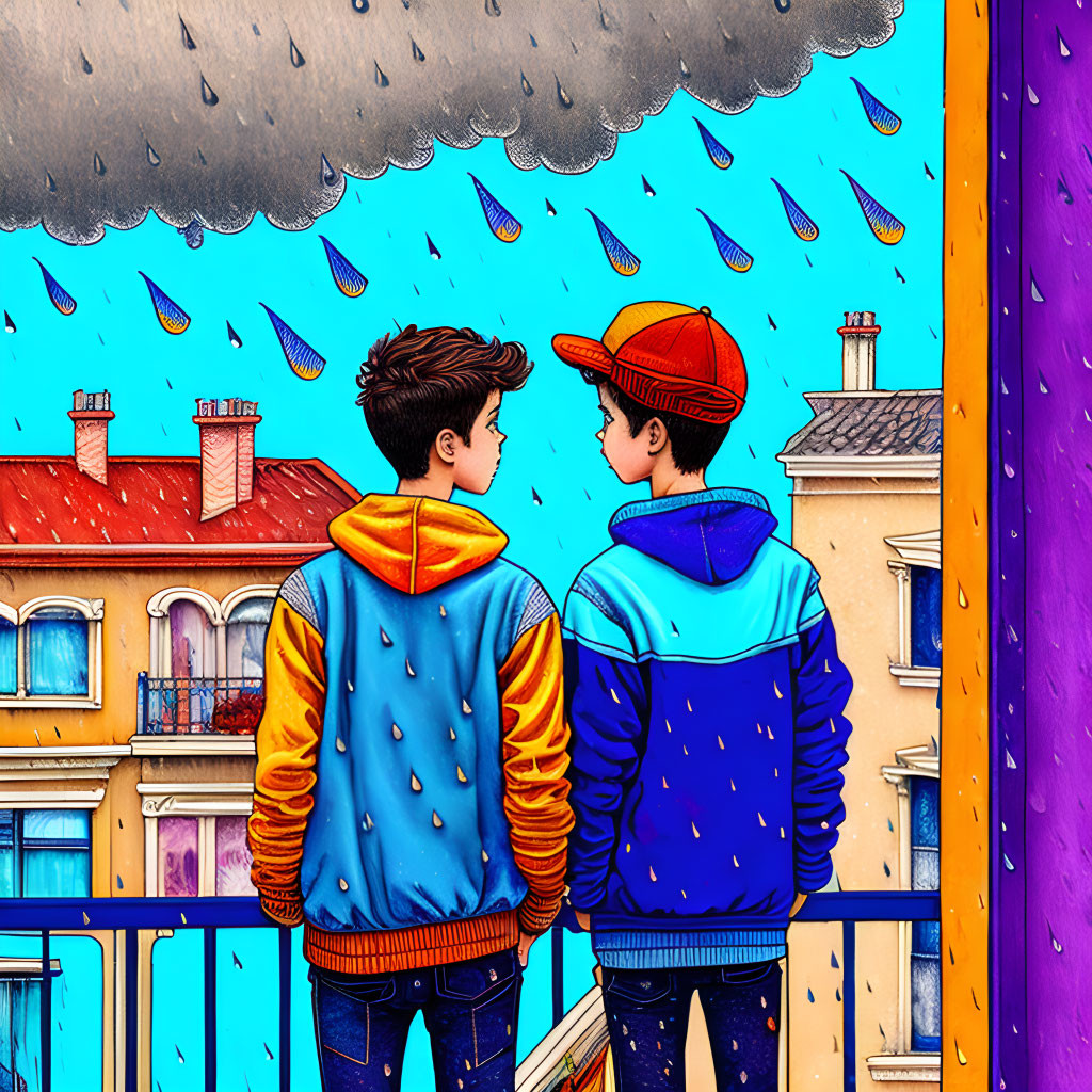 Two individuals on balcony in colorful attire under rainy sky