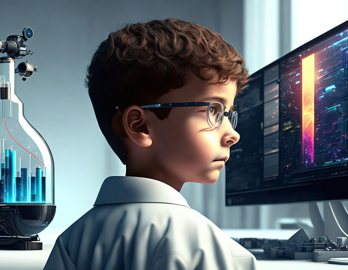 Curly-Haired Boy with Glasses Looking at Data Screens and Blue Liquid Flask