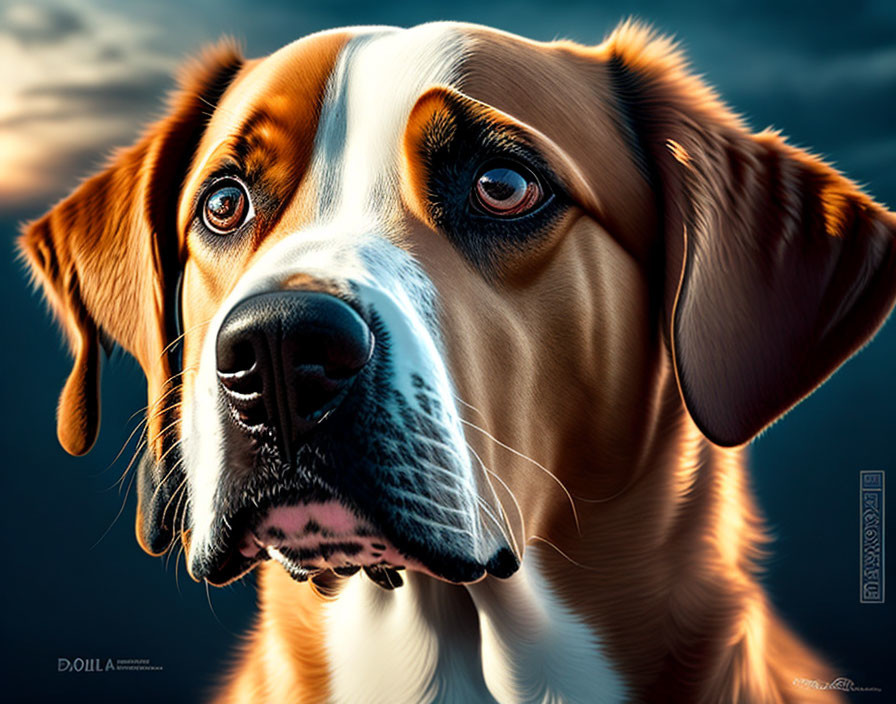 Close-Up Digital Painting of Brown and White Dog with Deep Brown Eyes