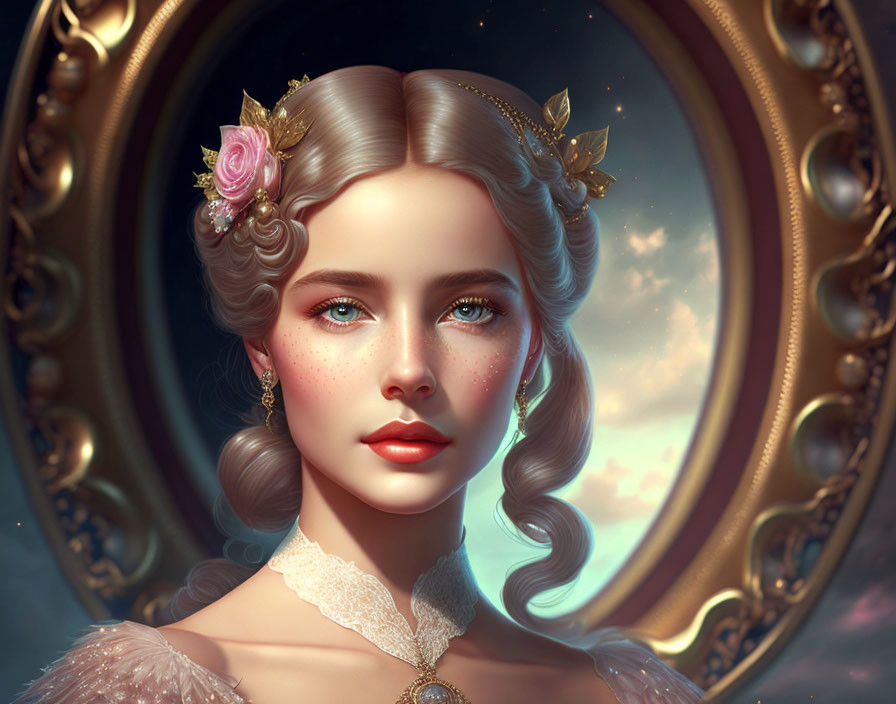 Digital artwork of fair-skinned woman with blue eyes in Victorian attire and hairstyle with rose, framed by