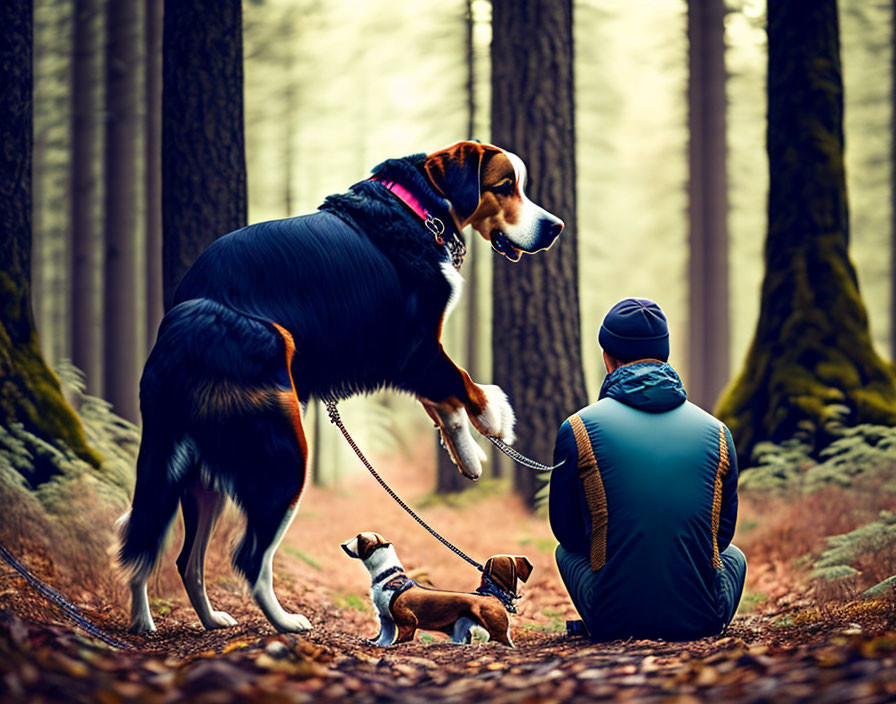 Person and two dogs in misty forest: larger dog standing on hind legs with paw on person's