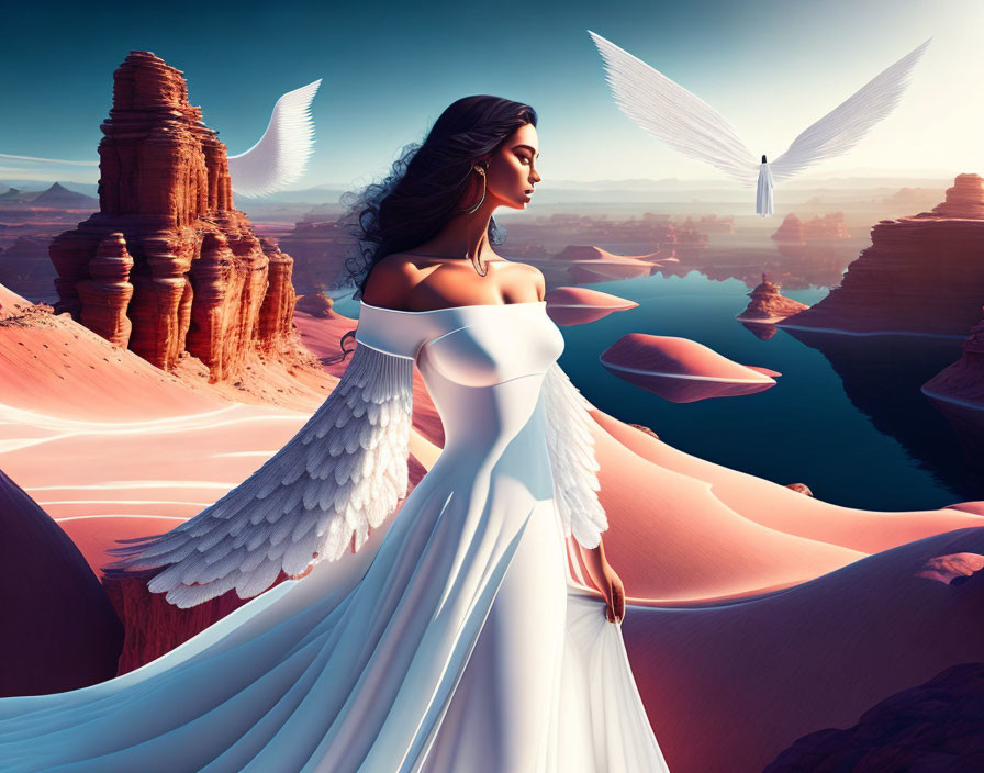 Elegant woman with wings overlooking desert landscape and floating rock formations