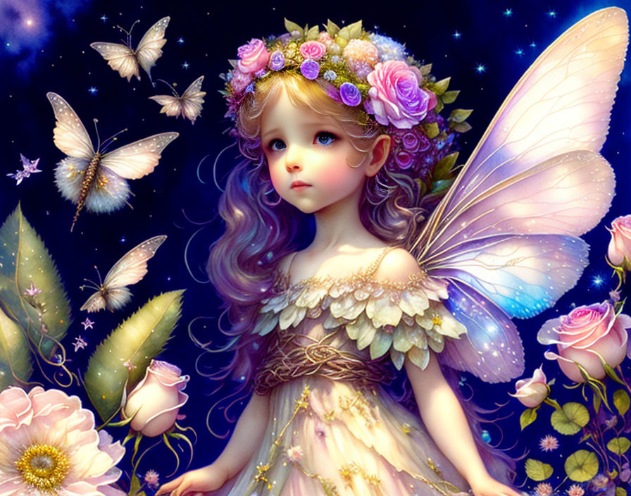 Illustrated fantasy image: Young fairy, translucent wings, floral crown, butterflies, flowers, starry