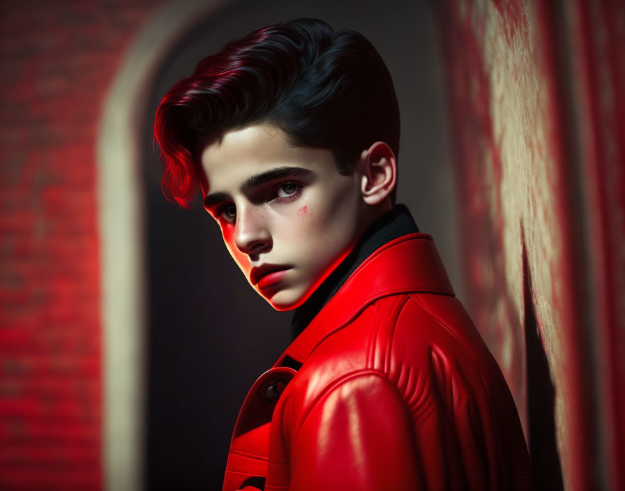 Young man with slicked-back hair in red leather jacket against red wall creates moody atmosphere